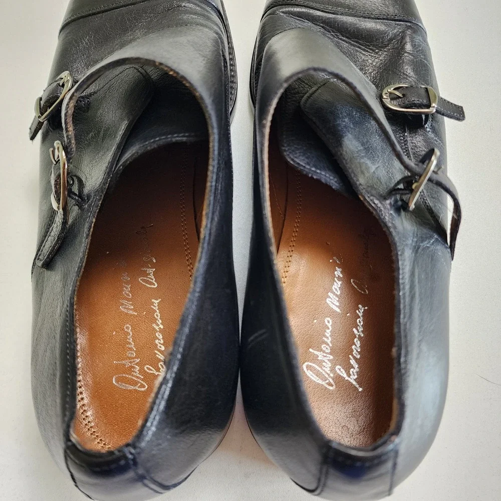 Antonio Maurizi Mens Black Leather Double Monk Strap Cap Toe Dress Shoes Size 44